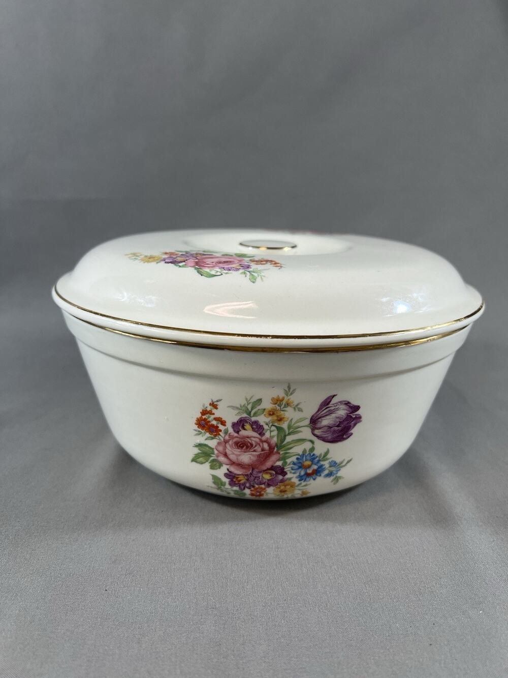 Vintage 22K Gold Floral Ceramic Covered Bowl Made in USA